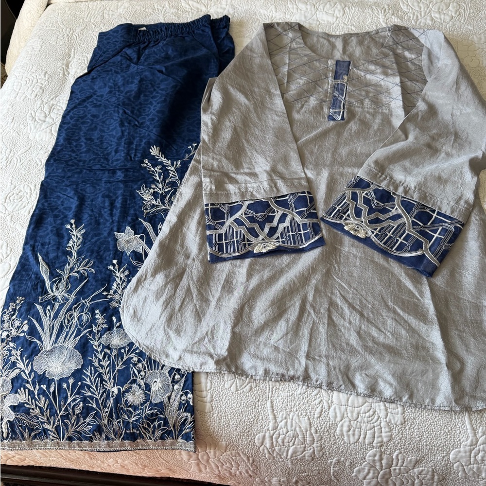 Elegant Blue and Gray Embroidered Dress